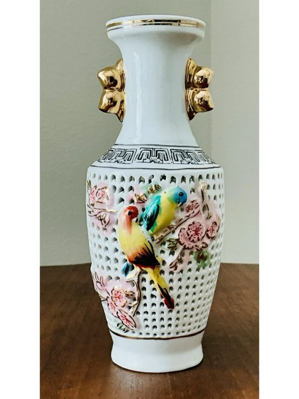 Vintage Chinese Reticulated Bird Vase Gold Handles Porcelain 8.25